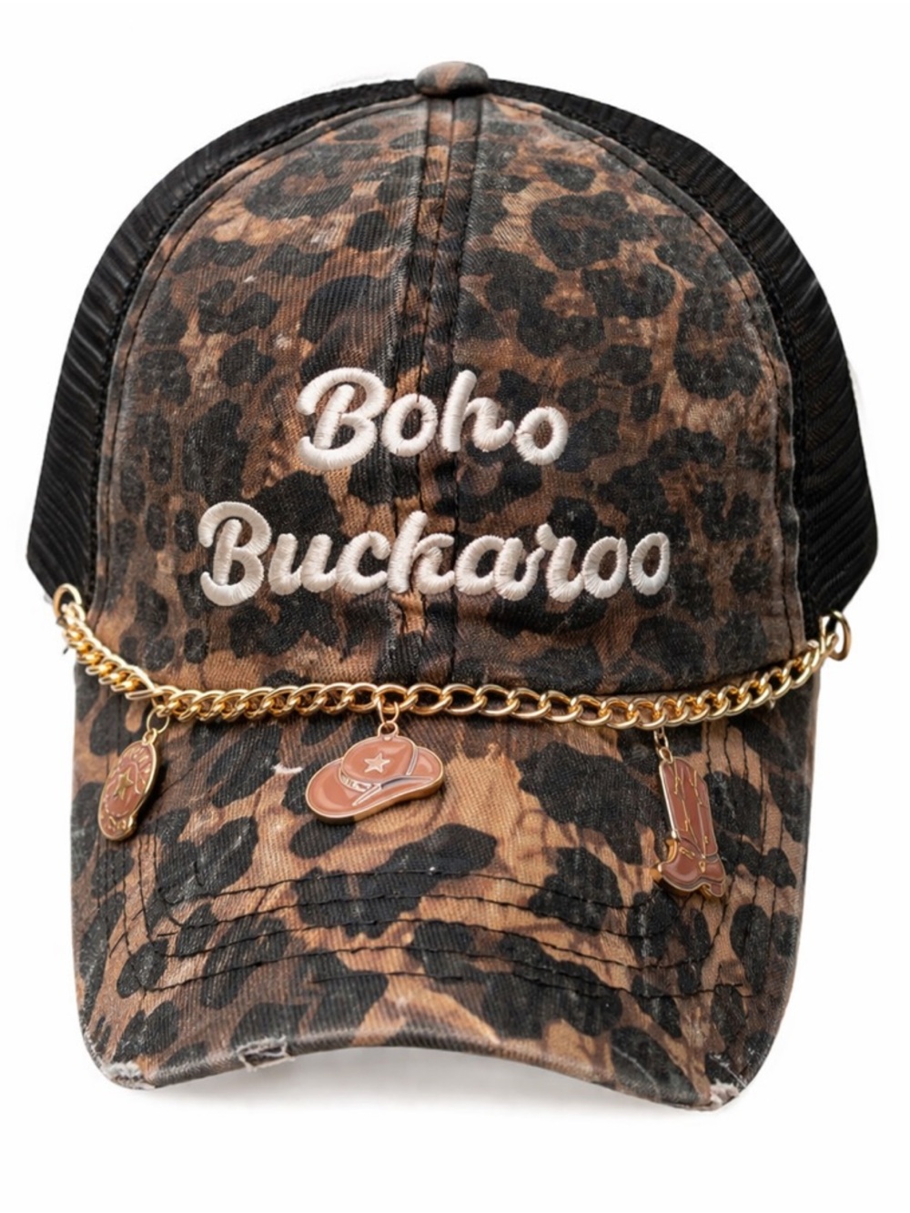 NWT PINK LILY Boho Buckaroo Leopard Print Trucker Hat with Gold Charm Chain